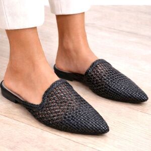 Black Woven Pointed Toe Mule Flats Women’s 7 Slip On Loafers